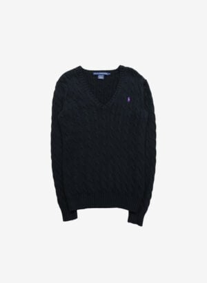 Vintage Ralph Lauren Sport Damen V-Neck Cable Strickpullover schwarz