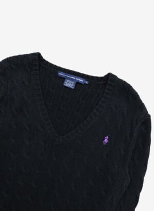 Vintage Ralph Lauren Sport Damen V-Neck Cable Strickpullover schwarz