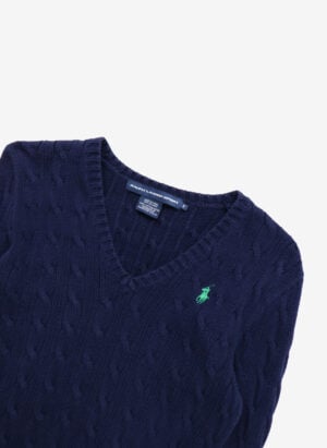 Vintage Ralph Lauren Sport Damen V-Neck Cable Strickpullover navy