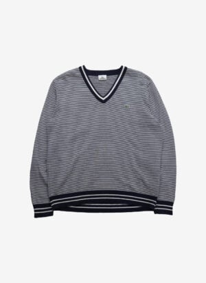 Vintage Lacoste V-Neck Strickpullover schwarz-weiß gestreift