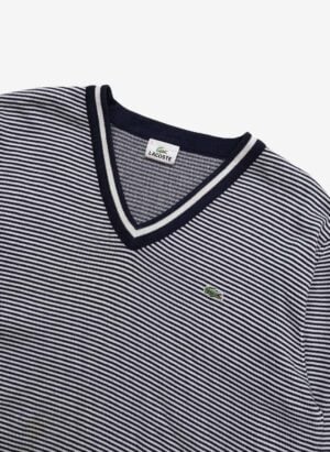 Vintage Lacoste V-Neck Strickpullover schwarz-weiß gestreift