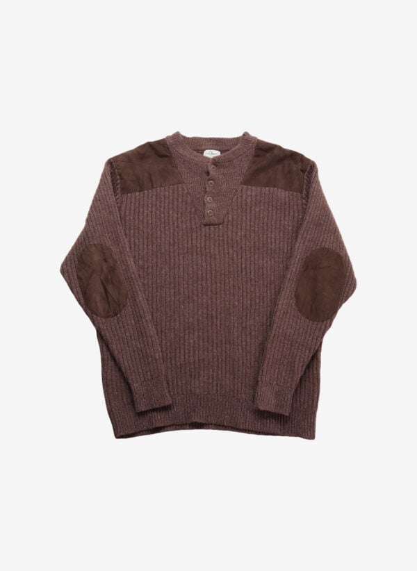 Vintage L.L.Bean Wollpullover Henley braun mit Wildleder-Patches