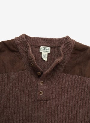 Vintage L.L.Bean Wollpullover Henley braun mit Wildleder-Patches