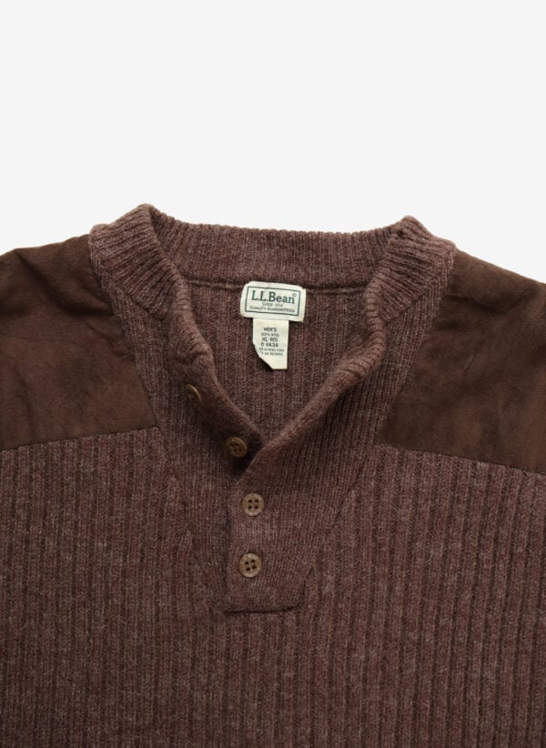Vintage L.L.Bean Wollpullover Henley braun mit Wildleder-Patches