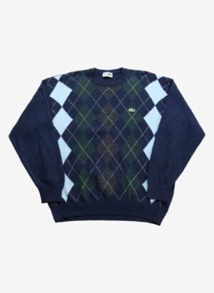 Vintage 80s Chemise Lacoste Lambswool Strickpullover Argyle navy