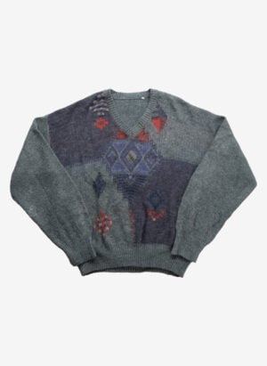 Vintage 90s Wollpullover V-Neck grün mit Muster