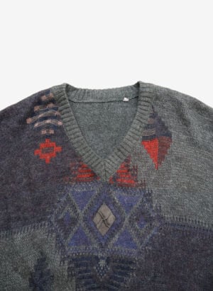 Vintage 90s Wollpullover V-Neck grün mit Muster