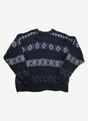 Vintage Strickpullover mit Norweger Muster schwarz multicolor